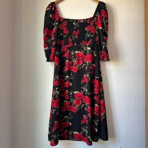 LARK + GREY Black Red Rose Floral Midi Dress with Puff Sleeves Size M
